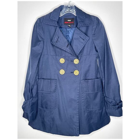 Miss Sixty M60 Navy Trench Jacket Gold Button Military Style pleated back XS - Picture 2 of 13
